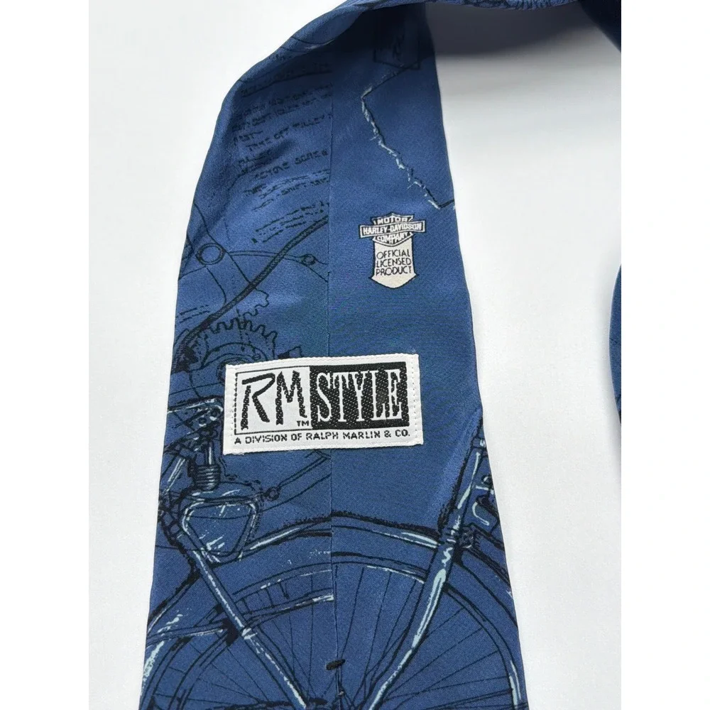 Harley-Davidson Vintage Silk Tie RM Style Ralph Marlin Blue Motorcycle Schematic